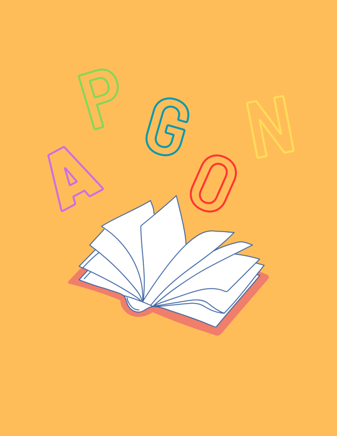 Cartoon book with multi colored block letters on orange background.