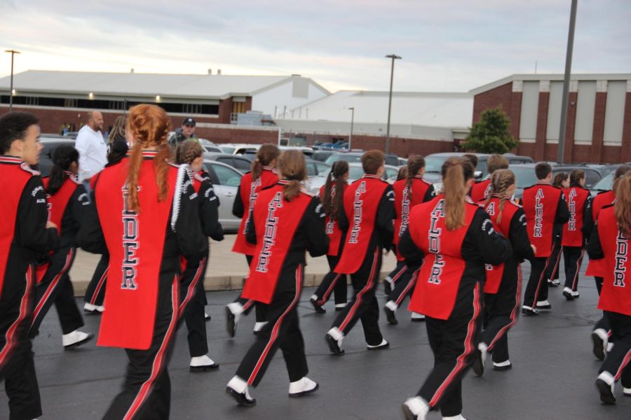 The band marching during the homecoming parade.