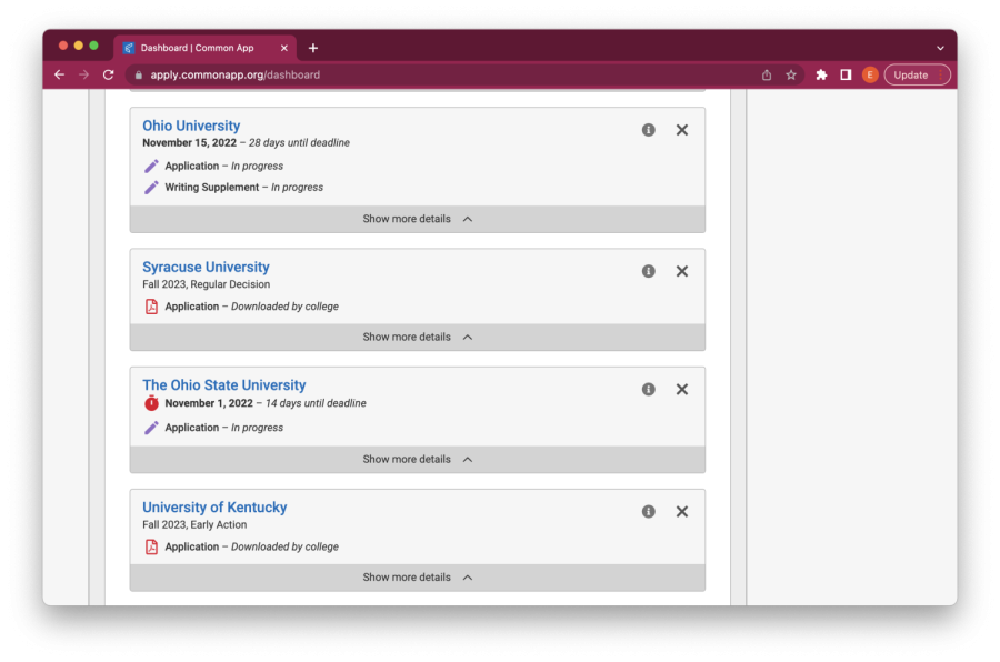 A screenshot of the Common App dashboard, showing schools and their application deadlines.  