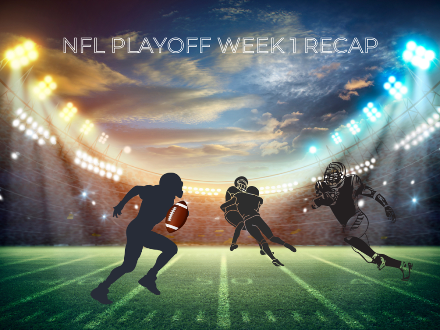Football stadium graphic with silhouette players. Words on the top reading NFL Playoff week 1 recap.