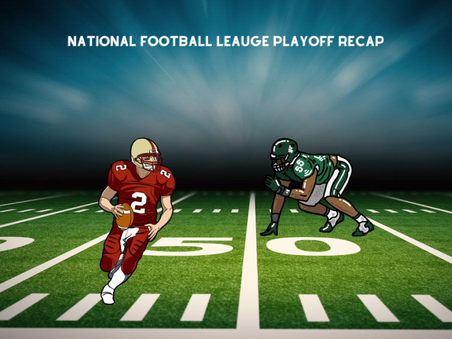Title saying National Football League Playoff recap. Graphics showing player running with ball past a defensemen. 