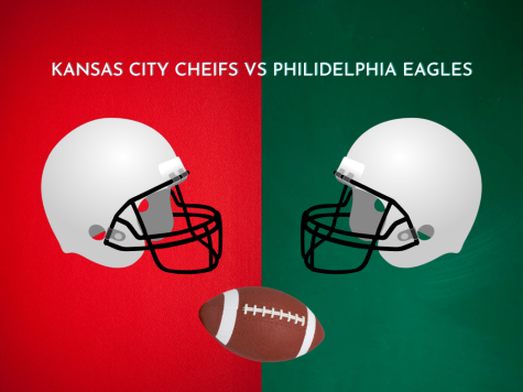 Football helmets faced to each other above helmets. Words above the helmets saying Kansas City Chiefs vs Philidelphia Eagles.  