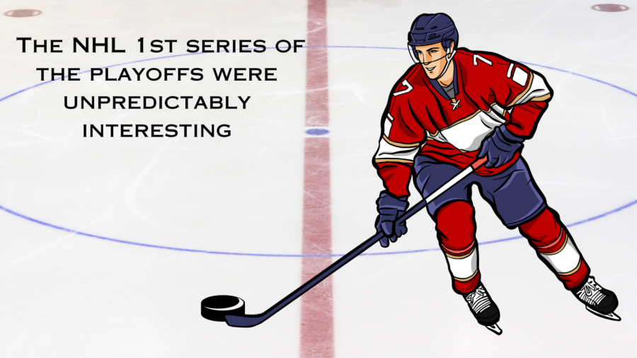 A hockey player graphic skating on ice with a puck in his stick. Words on the left state The NHL 1st series of the playoffs were unpredictably interesting