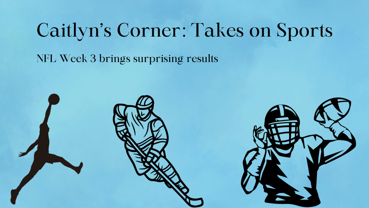 A light blue graphic, with black outlined different sport players. A top title saying “Caitlyn’s Corner: Takes on Sports” and a smaller headline saying “NFL Week 3 brings surprising results.”