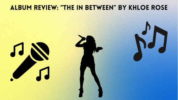 Graphic with a silhouette of a singer, surrounded by a large microphone and a music note. Behind her is a yellow to blue gradient and words on top saying Album Review: The In Between by Khloe Rose