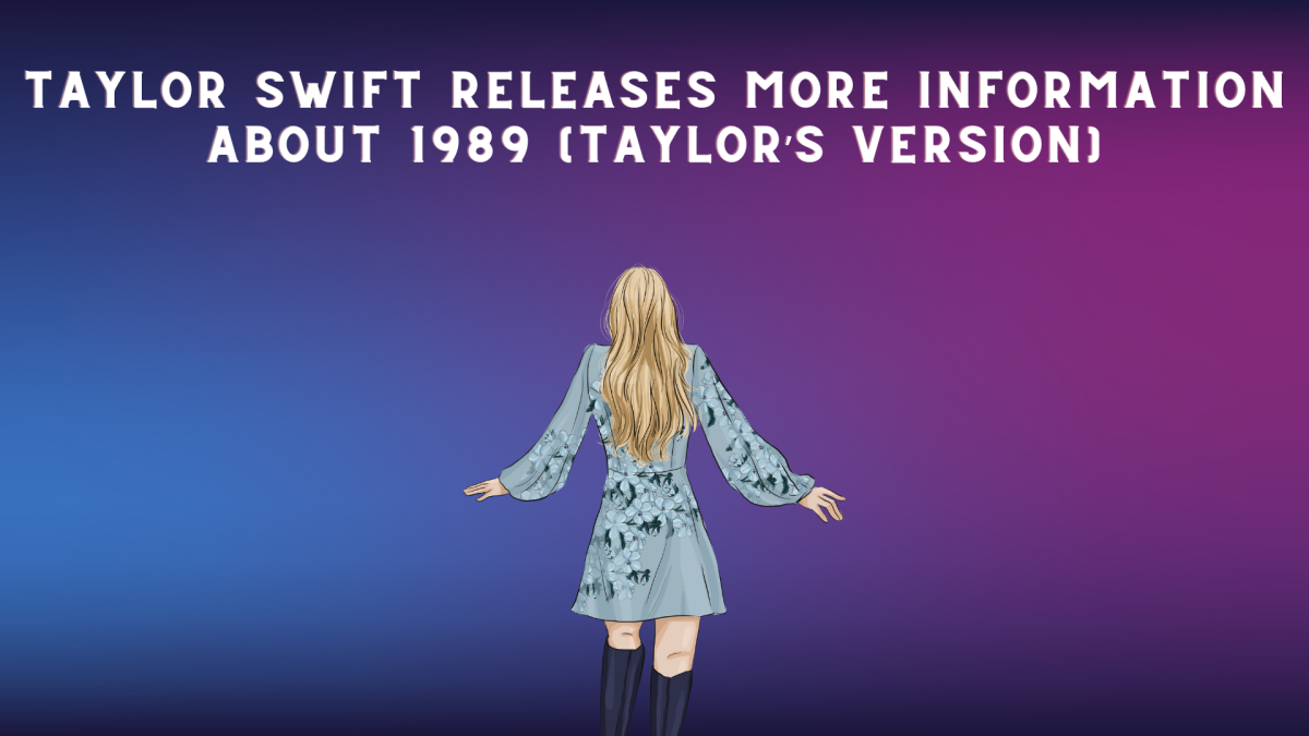 A colorful gradient surrounding a graphic image of Taylor Swift. Words are on the top of the image, saying Taylor Swift releases more information about 1989 (Taylor’s Version)