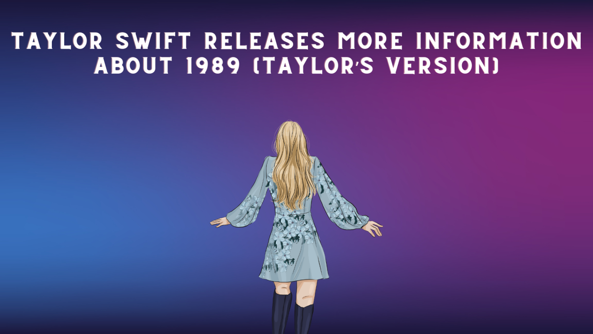 A colorful gradient surrounding a graphic image of Taylor Swift. Word's are on the top of the image, saying "Taylor Swift releases more information about 1989 (Taylor’s Version)"