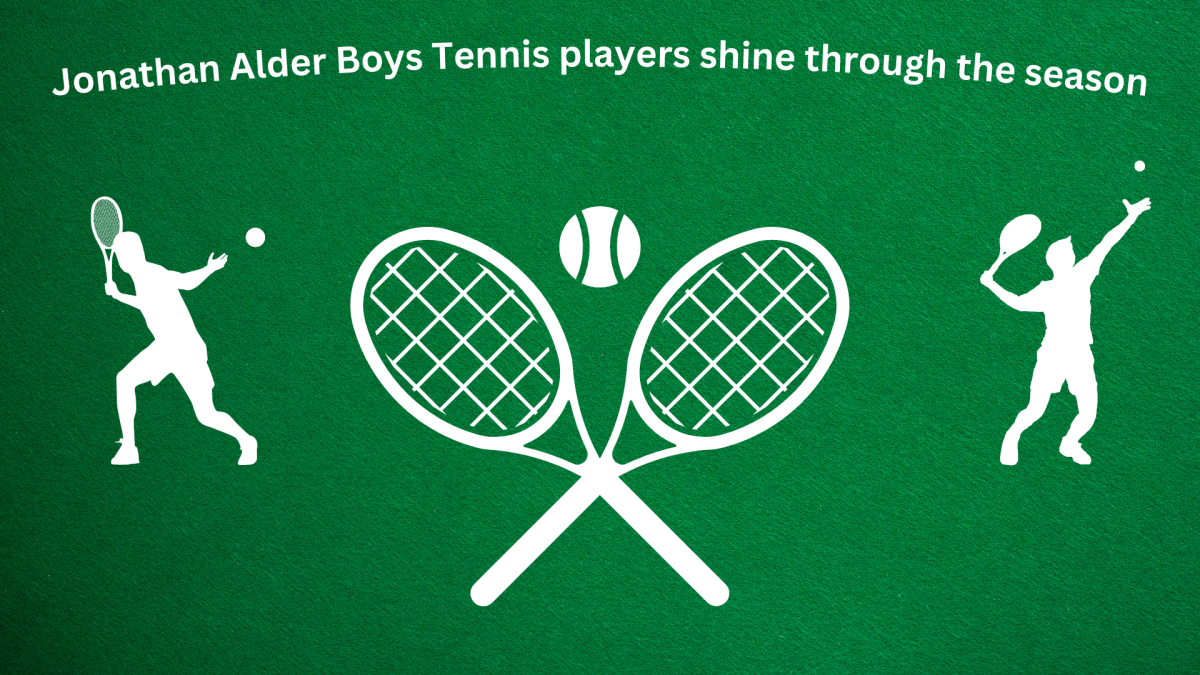 Jonathan Alder Boys Tennis graphic, with two tennis players and a tennis racket graphics. 