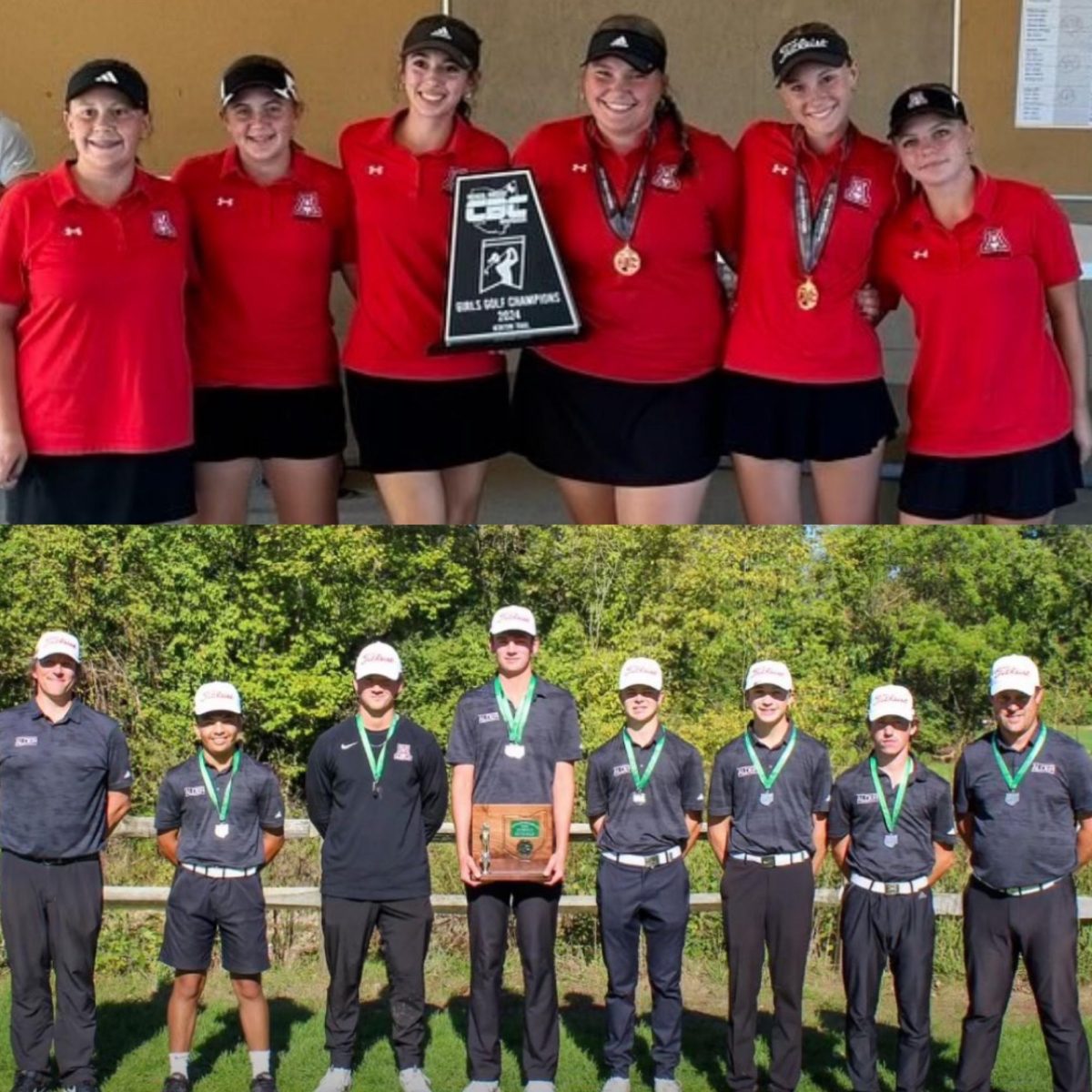 Two photos together, with the top showing the JA Girl's Golf team with their CBC Championship trophy, and the bottom is the Boy's Golf team with their CBC Championship trophy. 

Photos Courtesy of alderathletics