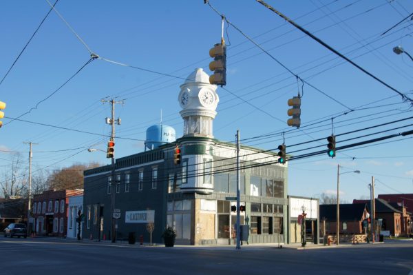 Clock tower in the middle of Plain City.