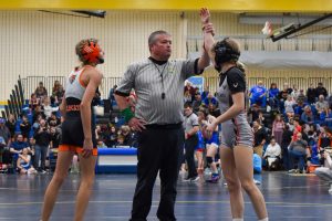 Junior Tristen Gregory gets her hand raised at the Queen of the Valley Tournament at River Valley High School. 