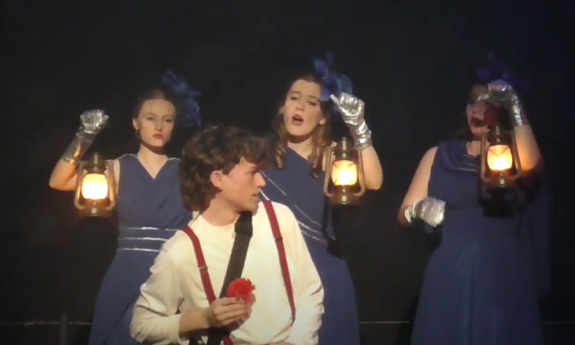 Senior Joel Mitchel (Orpheus) performs alongside seniors Amanda Simmons, Emily Wheelbarger, and Sarah Malone (the fates). 

Photo courtesy of Jaxx Vowell
