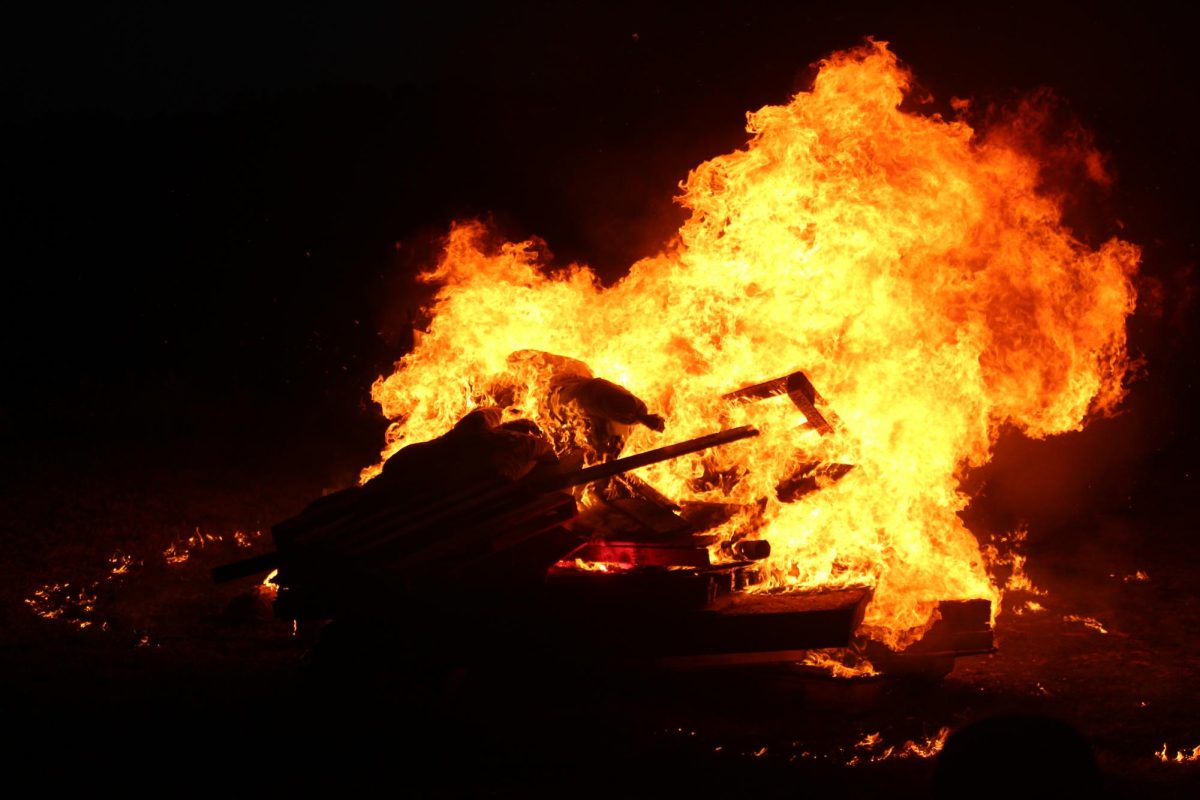 The dummies burn up in the flame of the bonfire. 