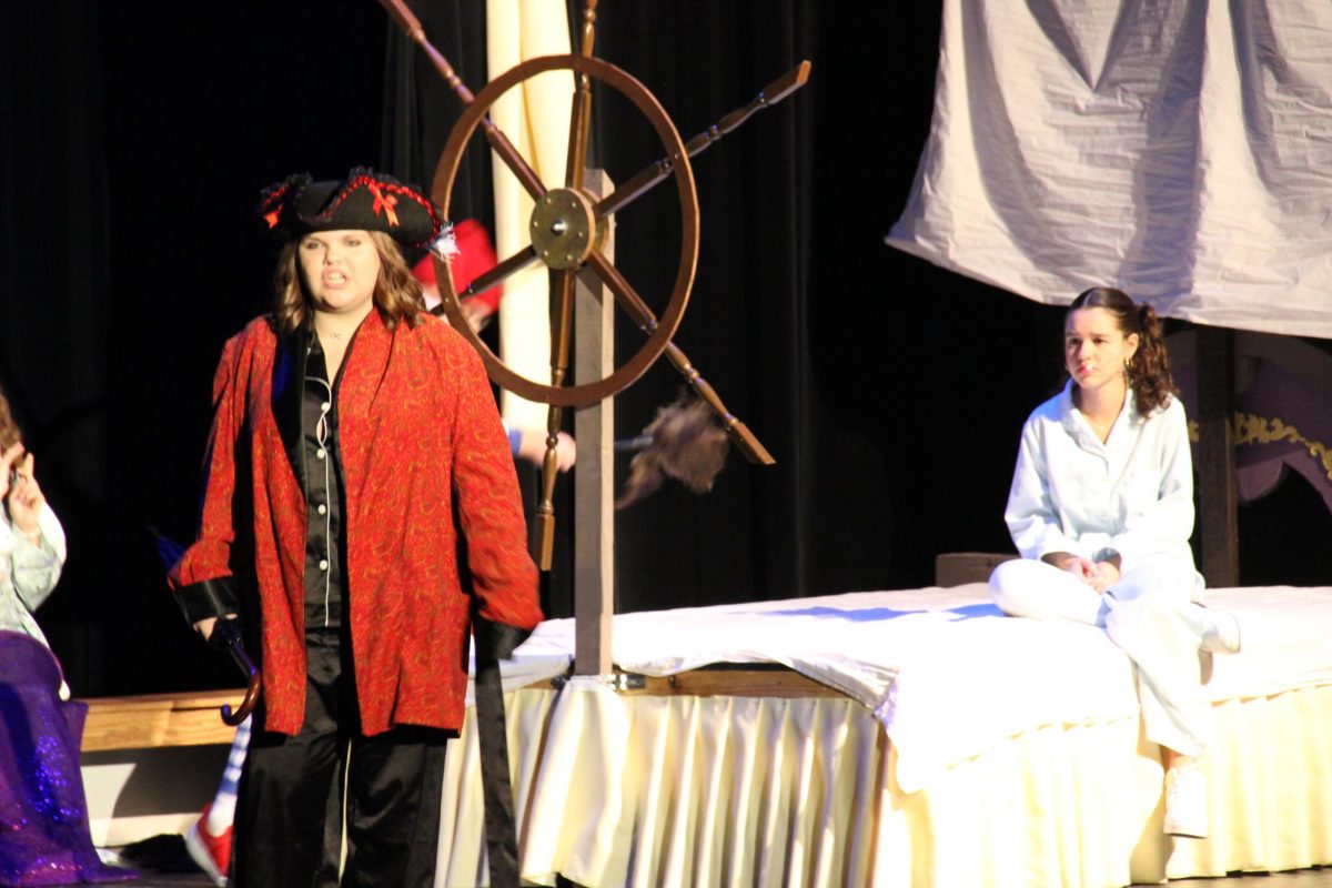 Captain Hook (Karasek) performs a monologue as Wendy (McCabe) watches.