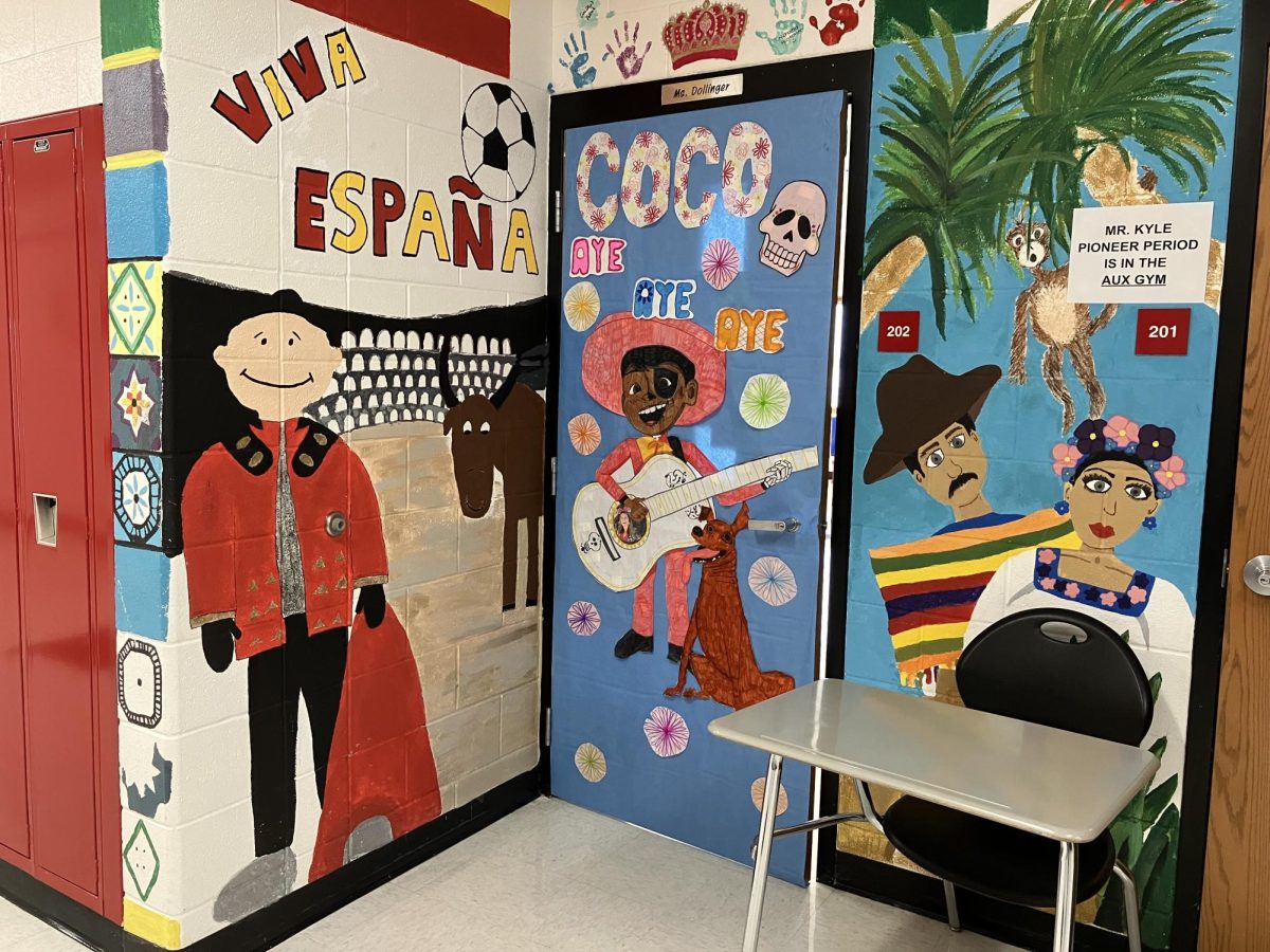 The Spanish room door and surroundings, decorated for the door decorating contest.